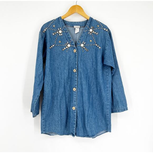 80s Vintage Western Denim Bejeweled Button Down Jacket Medium - Picture 1 of 6